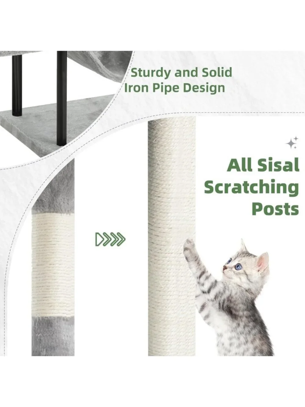 Cozy 43.3'' Cat Tree Tower with Hammock, Scratching Post & Large Platform, Light